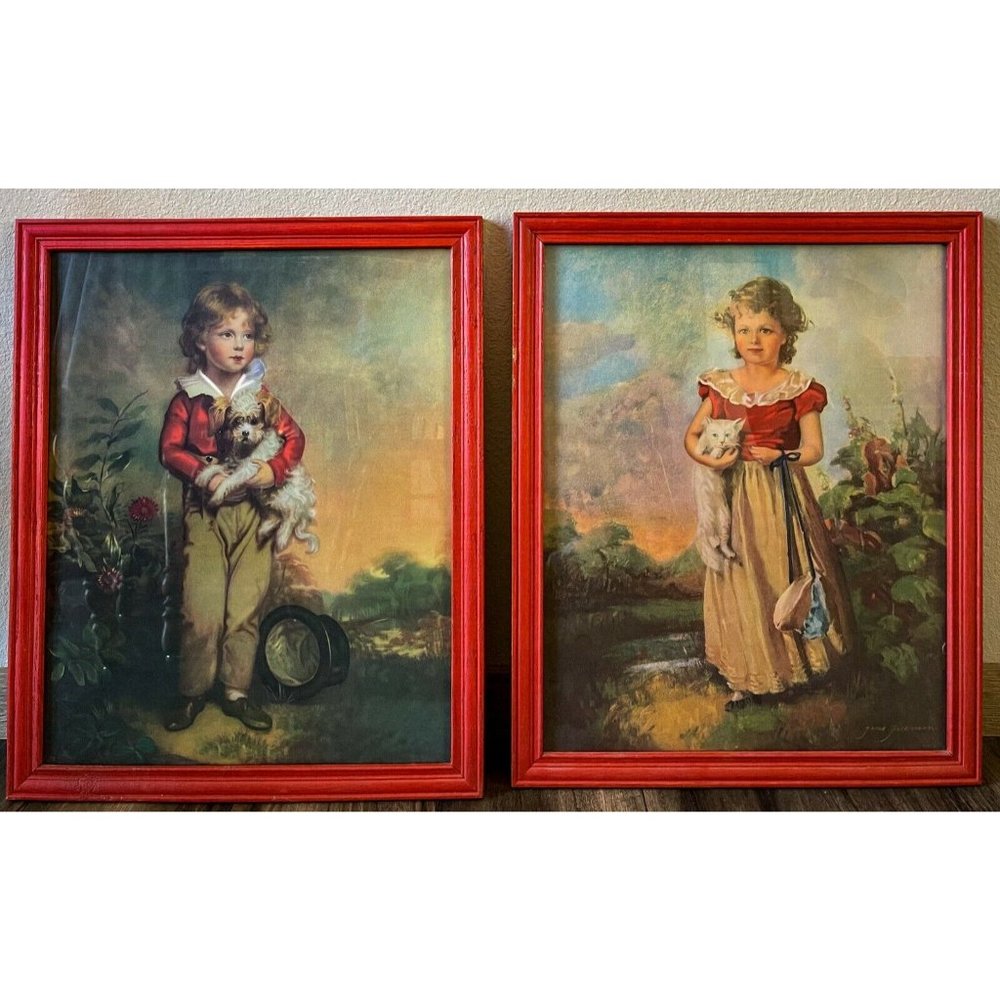 Vintage Set Red Frame Lithograph Prints Boy Dog Girl Cat Jane Freeman Art 16x20